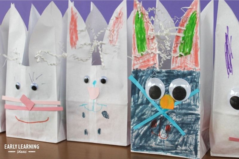 Easy Easter bunny craft for preschoolers made with white paper bags.