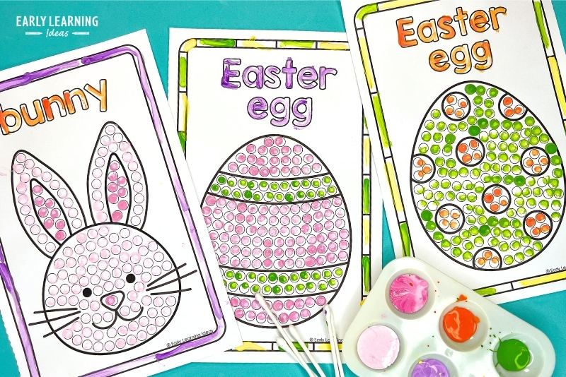 Easter bunny and two different types of Easter egg q-tip painting pages