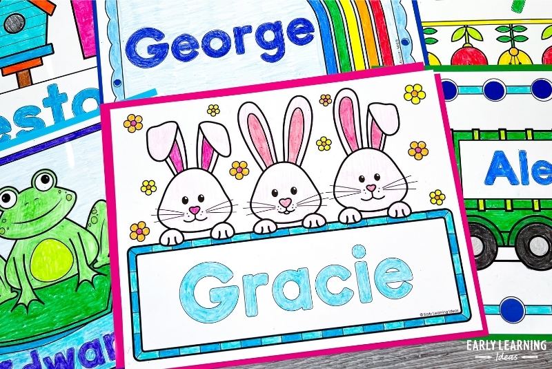 Printed custom name coloring page with 3 Easter bunnies on it and the name Gracie
