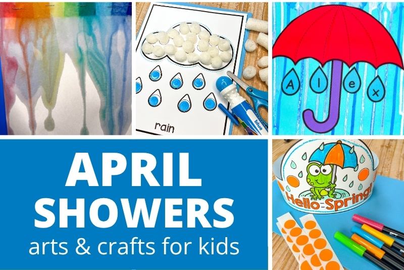 April showers arts and crafts for kids the collage includes photos of drip painting, an umbrella name craft, a rain cloud craft, and a spring crown craft activity.
