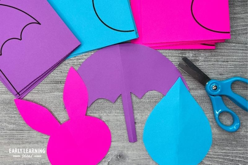 umbrella, raindrop, and bunny fold and cut activities -cutting practice activities for April