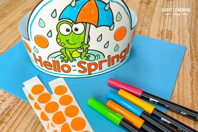 Hello spring crown craft shown with dot stickers and markers