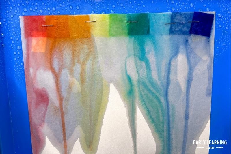 Rainbow drip painting made with bleeding tissue paper and a spray bottle

