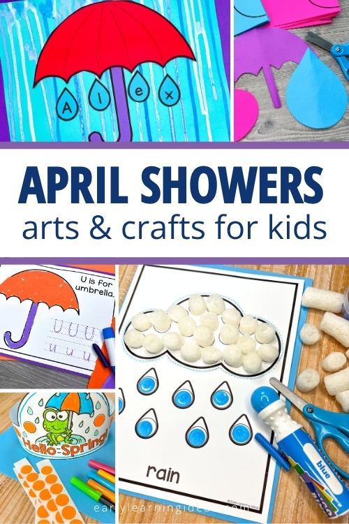 April Showers Crafts for Kids - a collage of umbrella and rain cloud crafts