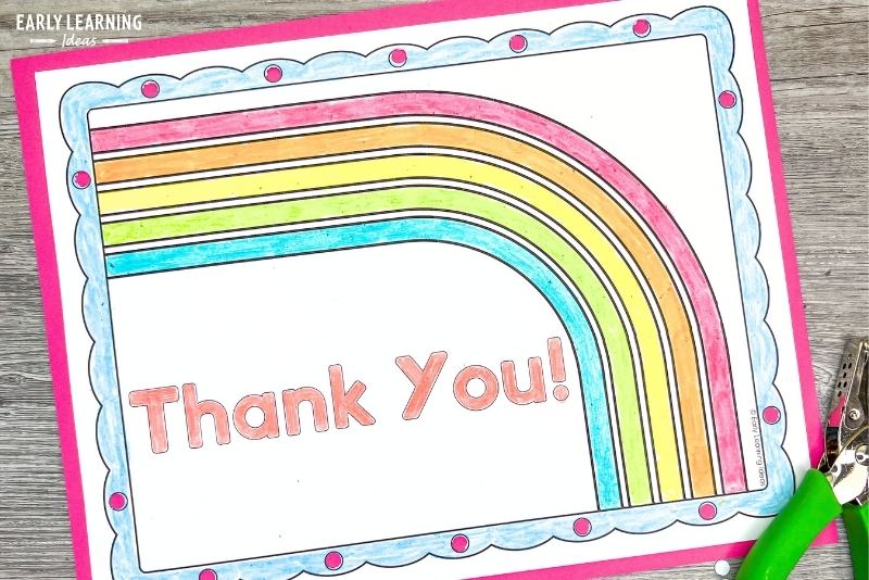 Rainbow name coloring sheet that has been customized with the words "thank you" instead of a name