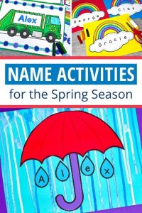 spring name activities for preschoolers - the collage shows a recycling truck name coloring page, a rainbow name craft, and an umbrella name craft