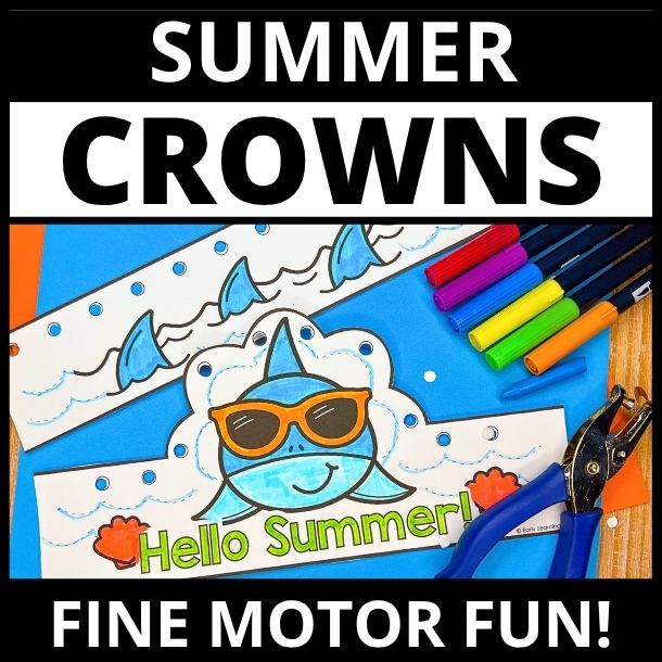 Hello summer headband crown craft.  The printable craft with a shark on it is shown with markers, crayons, and a hole punch
