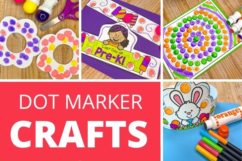 dot marker crafts - the collage of pictures include dot marker flower crafts, crown crafts, dot marker painting pages, 