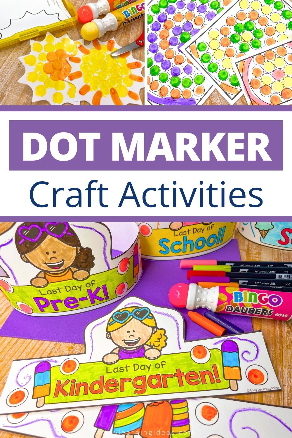 dot marker crafts for kids a sun craft, a dot painting page and a printable headband crown craft are shown.