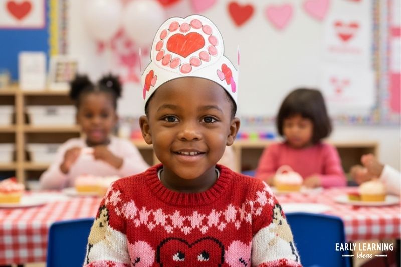 A child wearing a heart crown that has been decorated with dot markers