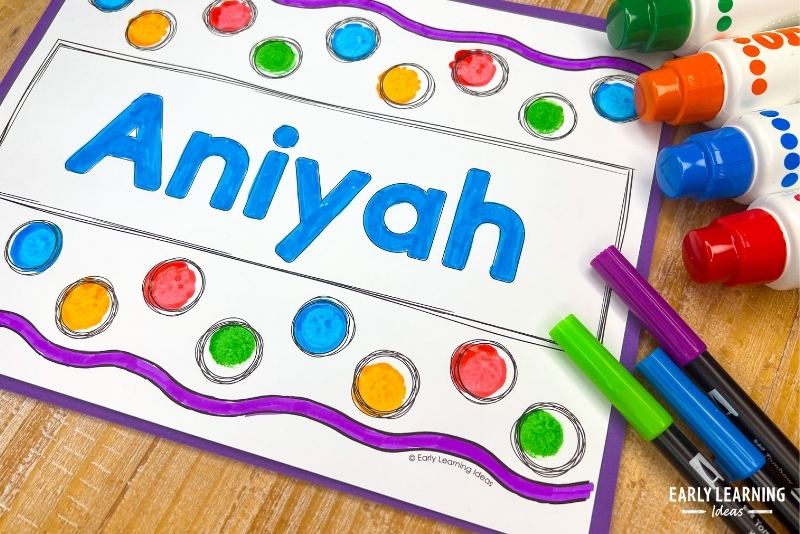 Name coloring page with dot markers and markers