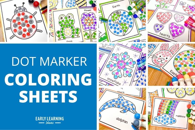 dot marker coloring sheets - the collage of images shows a ladybug, frog, Earth, hearts, snowflake, Easter, dolphin, and rainbow dot coloring pages