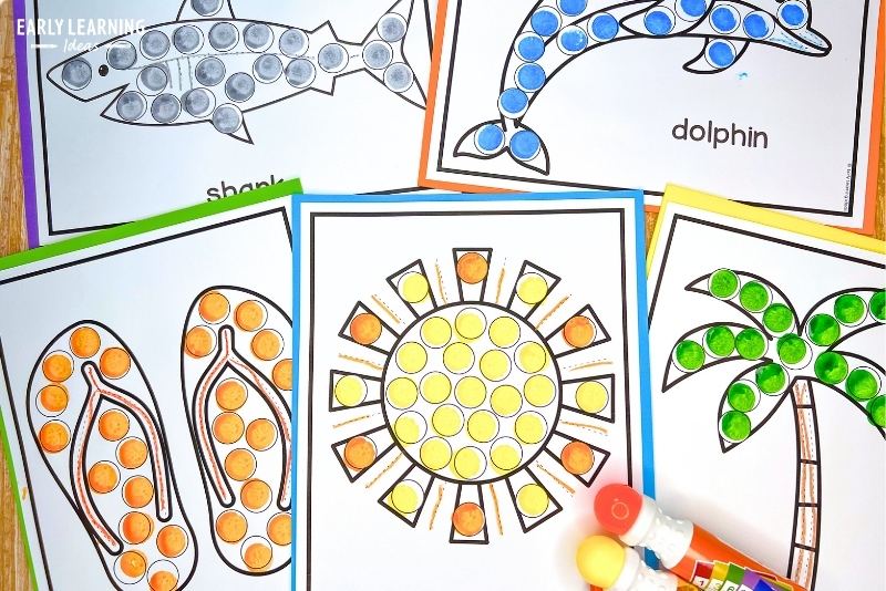 summer dot marker coloring pages shown with dot markers. Images include a shark, dolphin, flip-flops, sun, palm tree dot marker coloring sheets