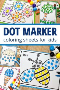 Dot marker coloring sheets for kids - the collage of images include flowers, tree, ice cream, rain cloud, and bumble bee dot marker coloring pages
