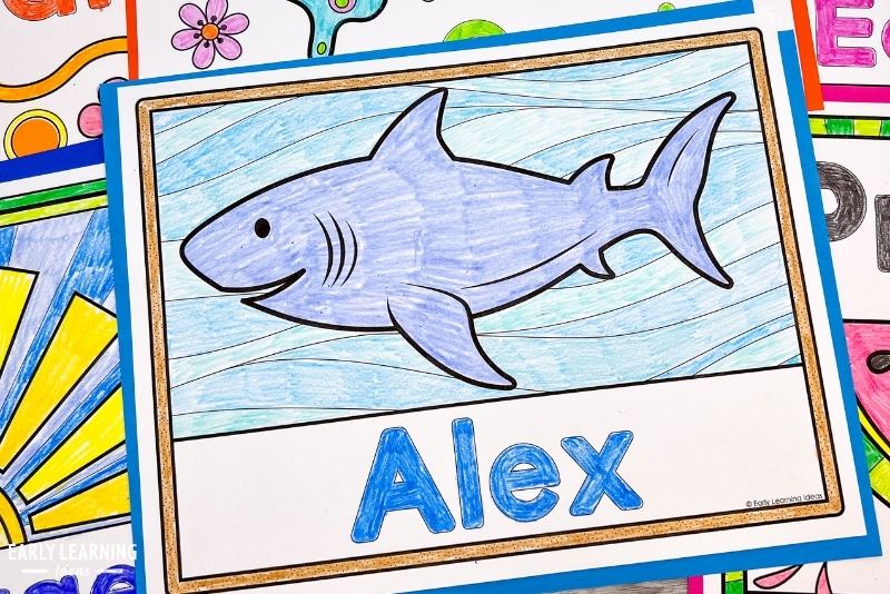shark name coloring page or sheet