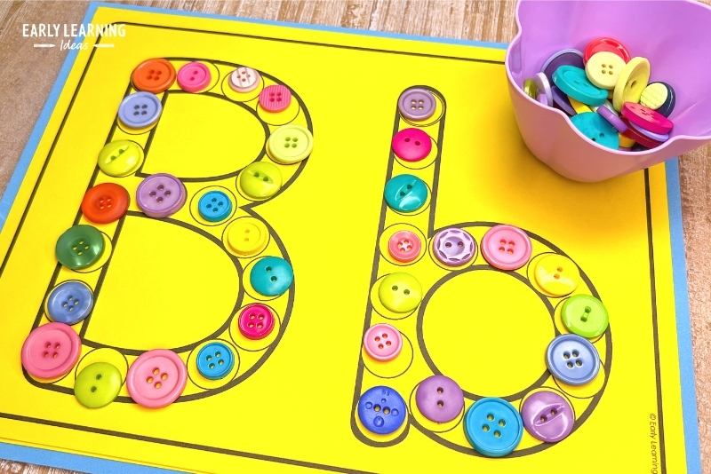 A letter B abc dot letter page printable is shown with a bunch of colorful buttons