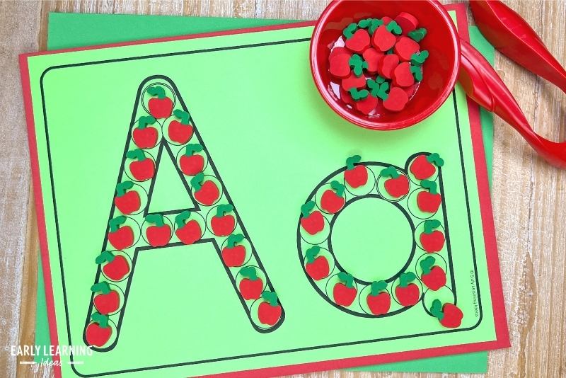 letter a dot letter printable with apple mini erasers and tongs