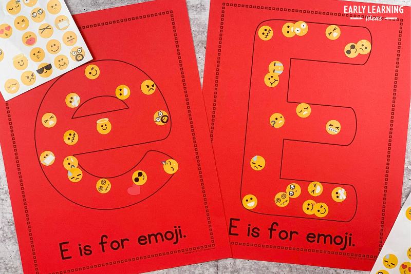letter E is for emoji craft activity printable.  Emoji stickers are stuck on the printable page