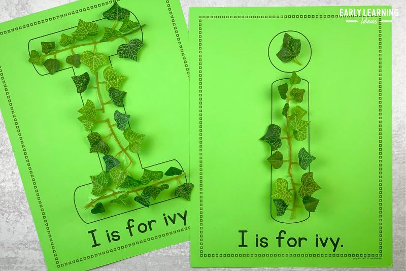 letter I is for ivy alphabet craft activity.  Silk ivy is glued to the letter i on the printable page.