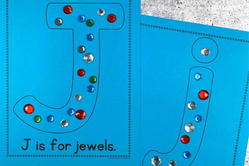 Letter j is for jewels printable alphabet craft activity.  Colorful jewels are glued to the bubble letter j printable.