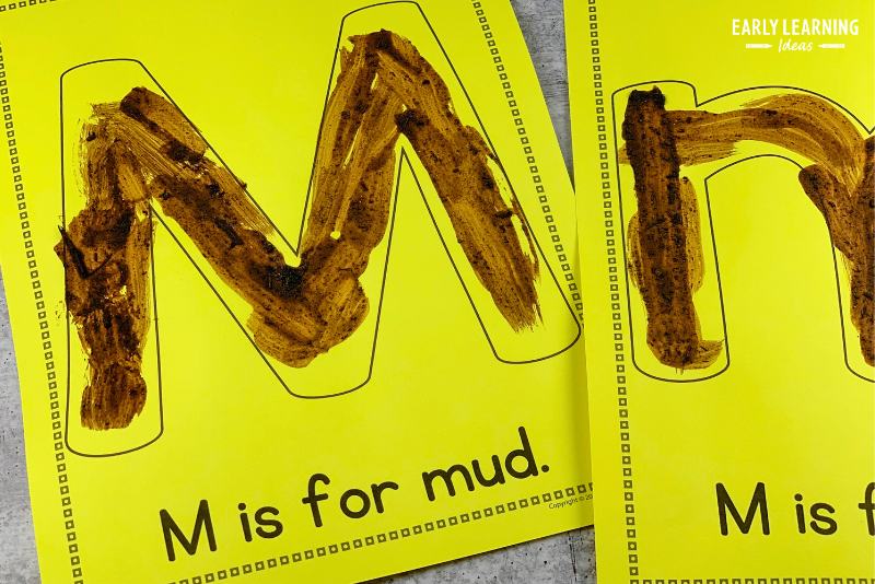 Letter m is for mud alphabet activity and art project.  The large bubble letter m on each page is painted with a brown mud-like paint.