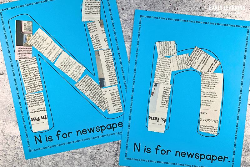 Letter n is for newspaper alphabet activity printable.  Small pieces of newspaper are glued to the large letter n on the printable craft page.