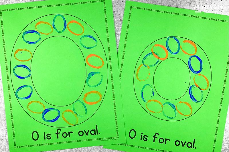 letter o is for oval alphabet art project activity.  Small ovals are printed onto the large printable letter o on each page.