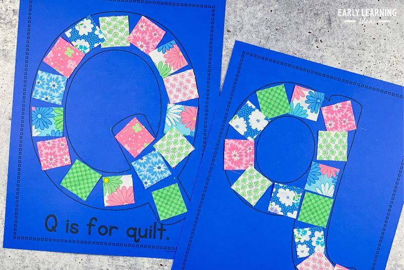 q is for quilt craft activity.  Small pieces of colorful fabric are glued to the letter q on each printable letter activity page.