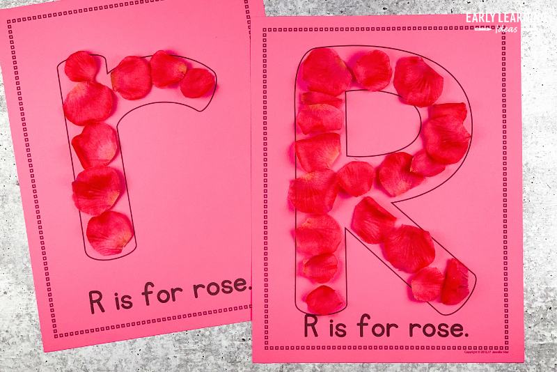 r is for rose alphabet activity for preschoolers.  Red, silk rose petals are glued to the letter r on each printable alphabet activity page.