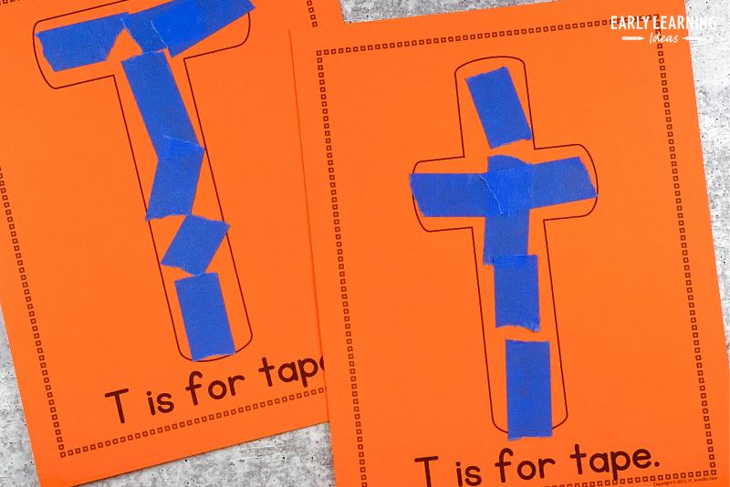 t is for tape alphabet activity for preschoolers.  Blue painters tape is stuck inside the large bubble letters on each page.