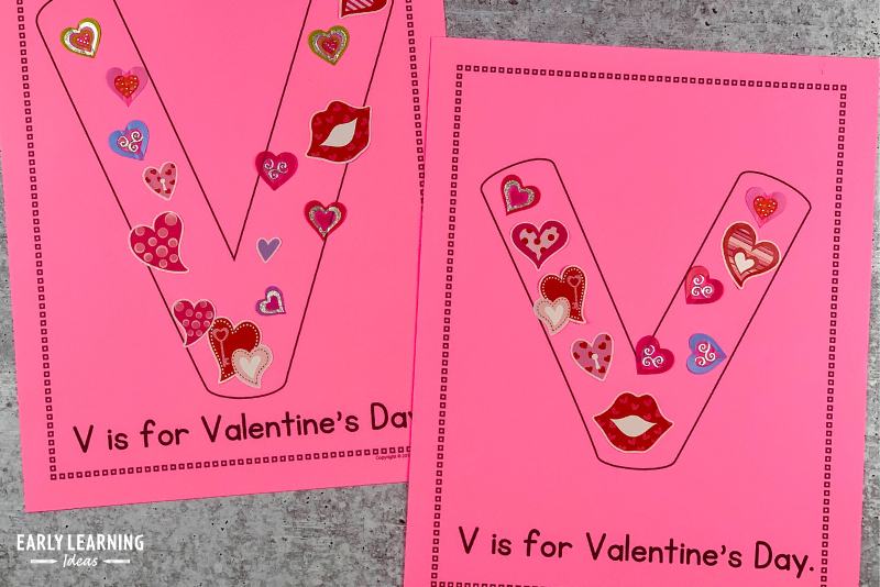 V is for valentine alphabet activity for preschoolers.  Valentines day stickers are stuck on the large bubble letter v on the printable pages.