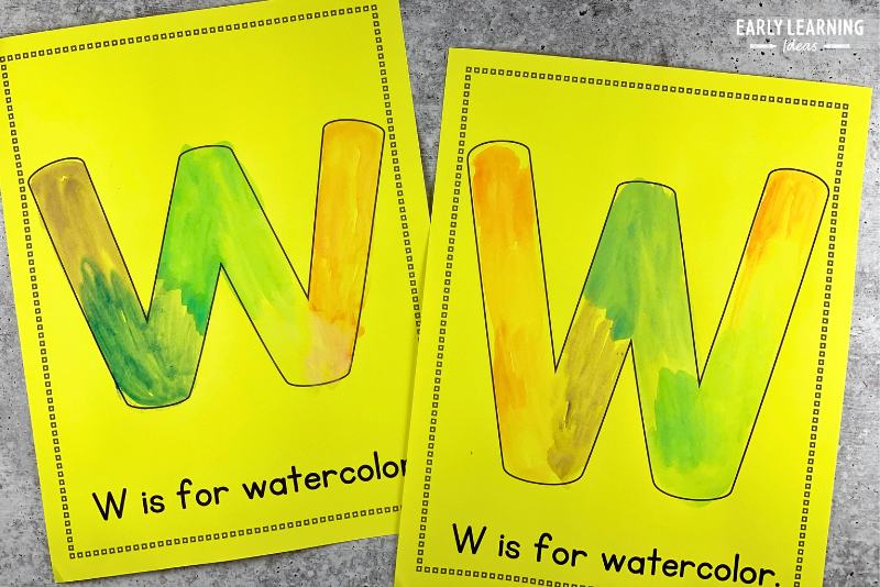 Letter w is for watercolor alphabet art activity for preschoolers.  The large letter w on each page is painted with watercolor paint.