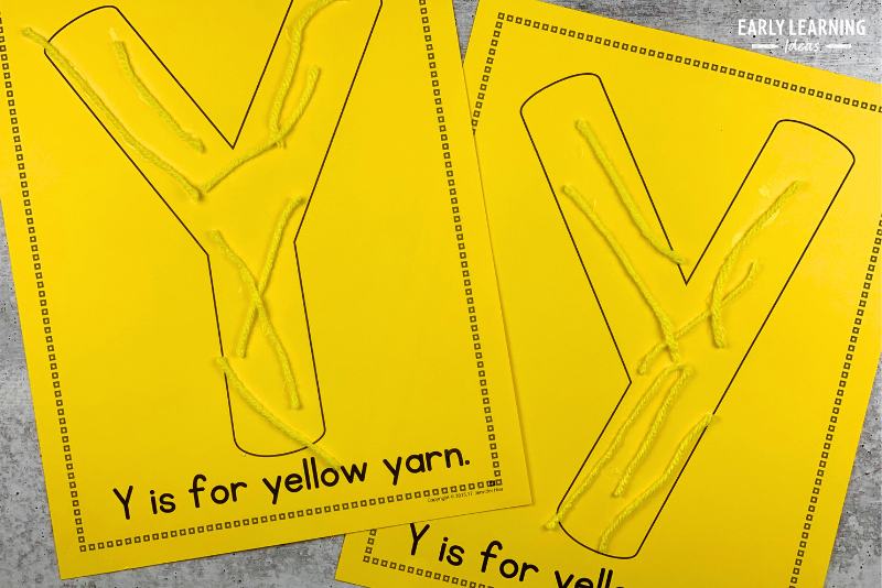 Y is for yellow yarn alphabet activity.  Strips of yellow yarn are glued to the letter y on the printable alphabet activity page.