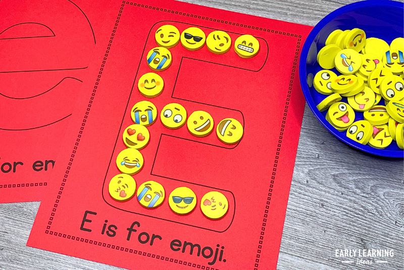 letter e is for emoji activity page with emoji erasers - alphabet activities for preschoolers