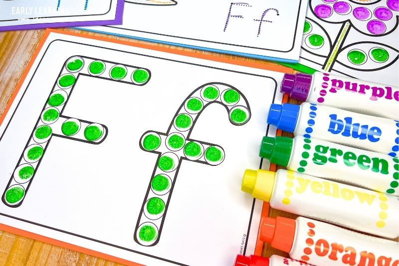 Letter f dot marker alphabet printable shown with dot markers