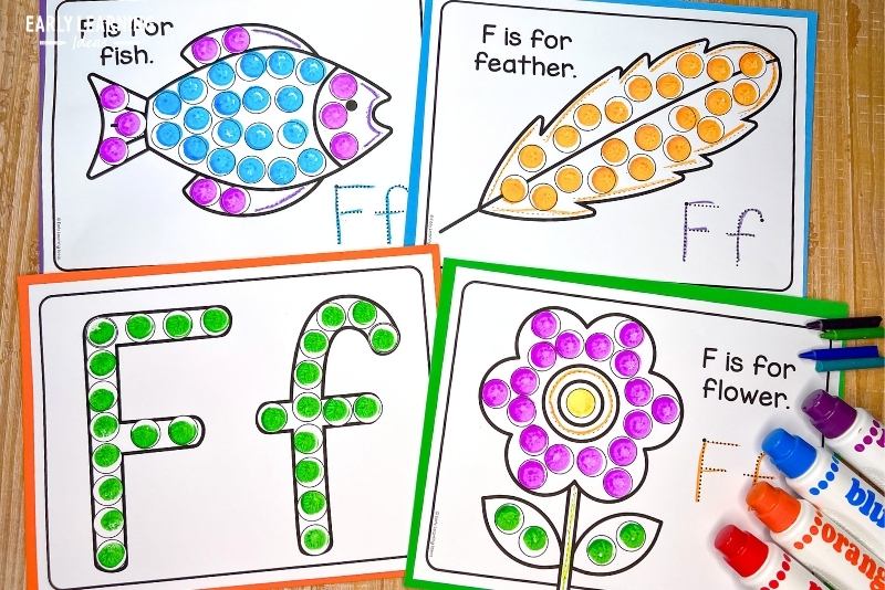 f is for fish, feather, flower dot marker coloring and tracing page.