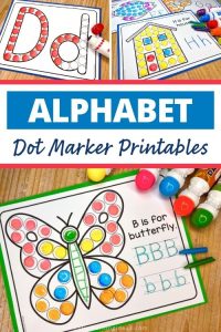 Alphabet dot marker printables - the collage shows a b is for butterfly dot marker printable and tracing activity, an h is for house printable, and a ltter d dot marker printable.