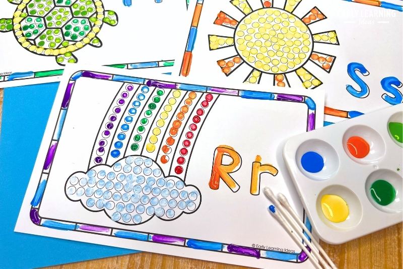 letter q-tip painting printables. A r is for rainbow, s is for sun, t is for turtle pritnables are shown.