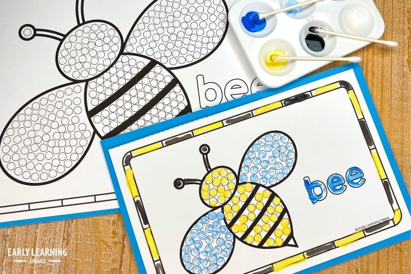 Large and small letter b q-tip painting printables. The printable has the image of a bee and the word "bee" A large and small printable are shown with a paint tray and q-tips.