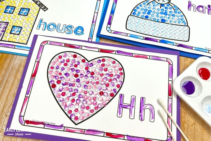 letter h q-tip painting printables. A heart, hat, and house printable are shown