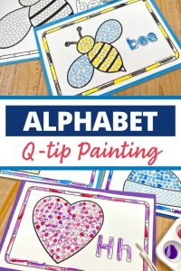 alphabet q-tip letter painting activities - a letter b (bee) and letter h (heart) q-tip painting printables are shown