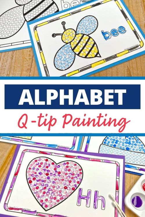 alphabet q-tip letter painting activities - a letter b (bee) and letter h (heart) q-tip painting printables are shown