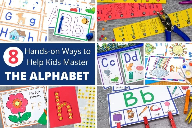 8 hands on ways to help kids master the alphabet. The collage shows 8 different alphabet and beginning sound activities
