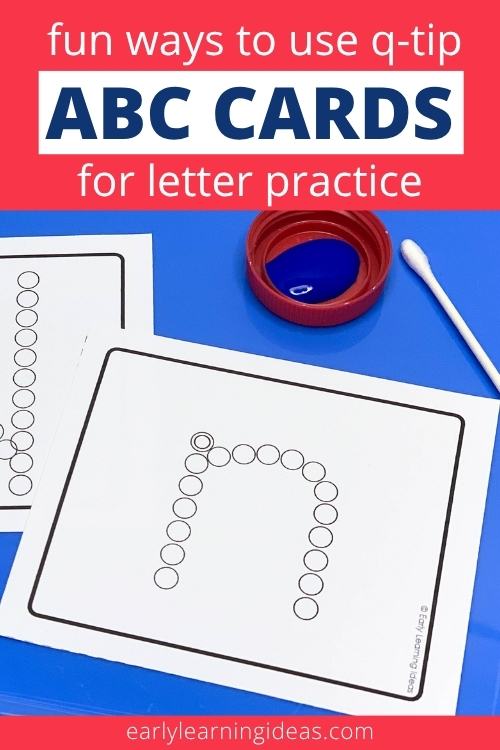 q-tip letter card activities for preschoolers - a letter n card is shown with a cap filled with blue paint and a q-tip.