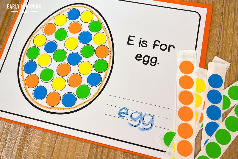 alphabet dot sticker activity. An e is for egg printable is used with colorful dot stickers.