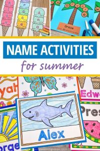 summer name crafts and activities - collage shows ice cream name puzzle and craft, a chicka chicka boom boom name craft, and a shark name coloring sheet.