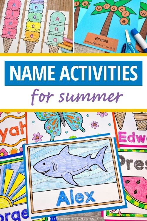 summer name crafts and activities - collage shows ice cream name puzzle and craft, a chicka chicka boom boom name craft, and a shark name coloring sheet.