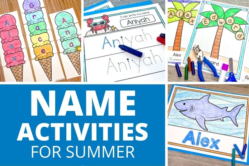 summer name activities - the collage show pictures of ice cream name puzzle and craft, ocean theme name tracing sheet, a chicka chicka boom boom coconut tree name craft, and a shark name coloring sheet