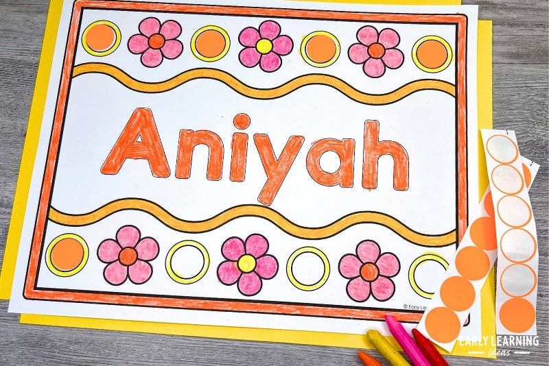 flower name coloring sheet with dot stickers