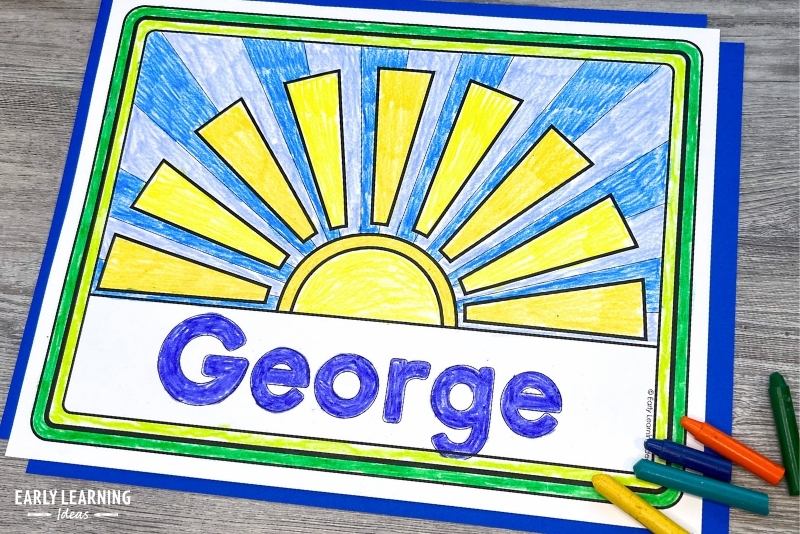 sunshine or sun theme name coloring sheet - an example of a summer name activity for preschoolers.